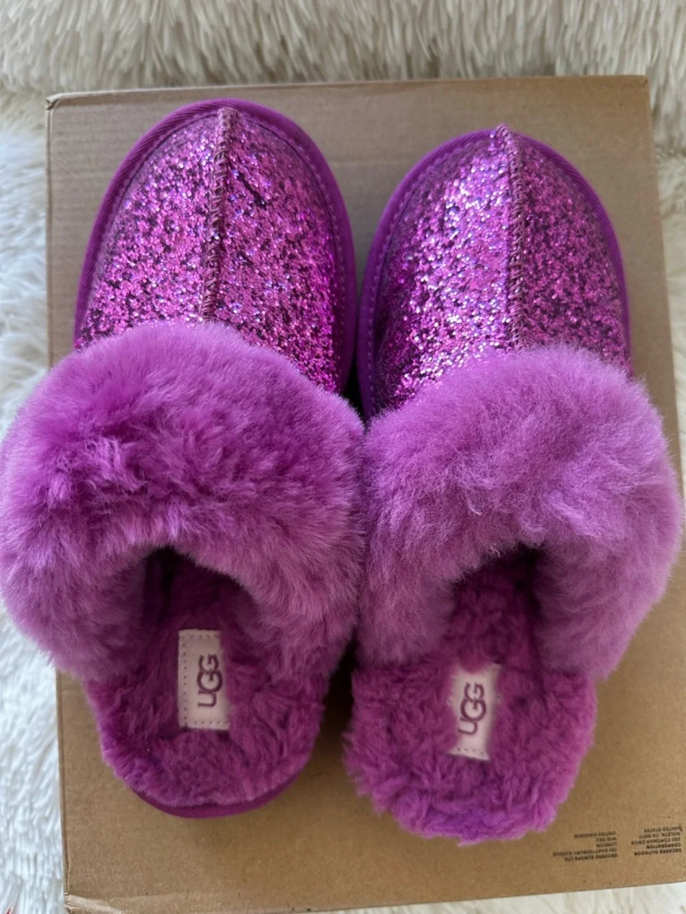 UGG Purple Glitter Cozy II Shearling Fur Slip On Mule Slippers Girls Size 4